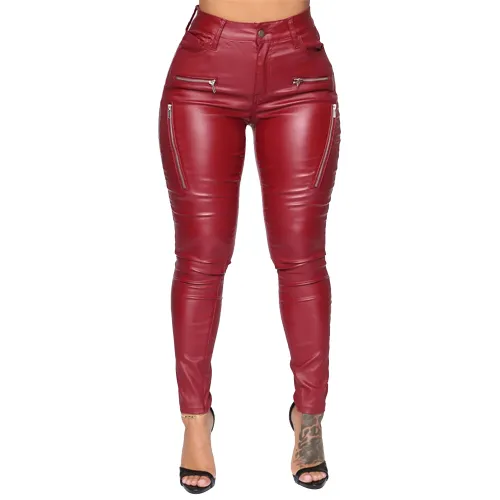Red Faux Leather Trousers Women High Waist Matt PU Pants PQFQ2318B