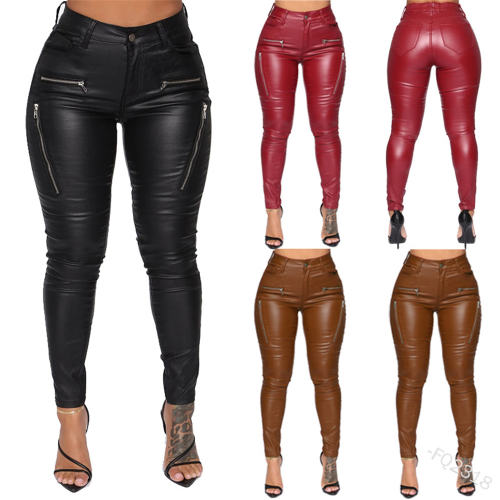 Black Faux Leather Trousers Women High Waist Matt PU Pants PQFQ2318A