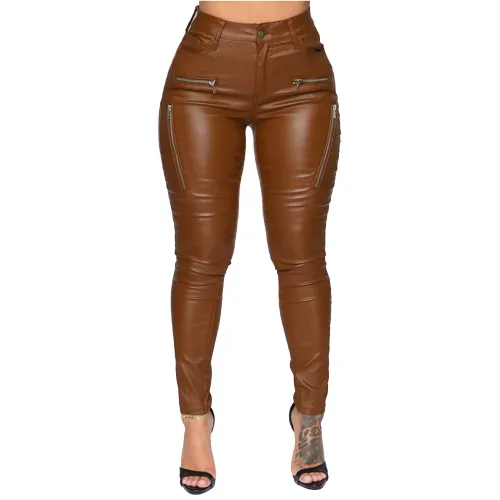 Brown High Waist Matt PU Pants Women Faux Leather Trousers PQFQ2318C