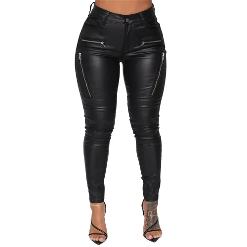Black Faux Leather Trousers Women High Waist Matt PU Pants PQFQ2318A