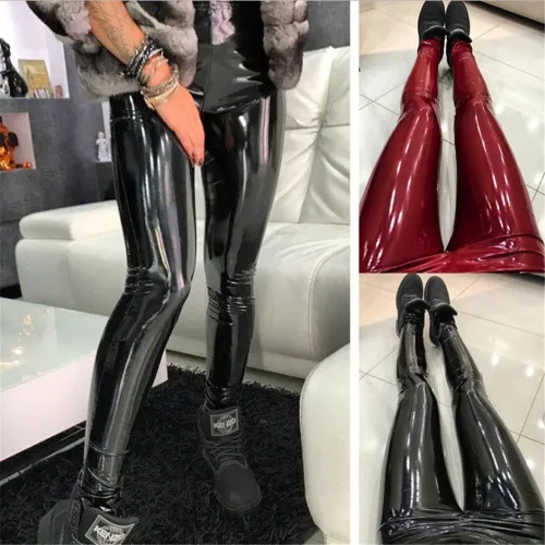 Wetlook Light PU Pants Faux Leather Trousers Women High Waist Leggings PQXU0774A