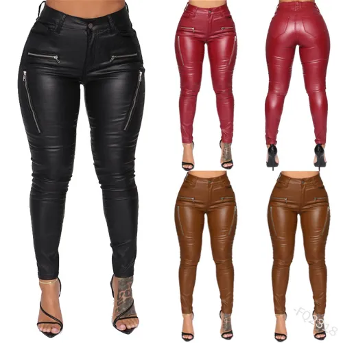 Brown High Waist Matt PU Pants Women Faux Leather Trousers PQFQ2318C