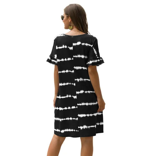 Loose Short Sleeve Summer Dress Wavy Striped Tie-dye Casual Dresses PQWQ314B