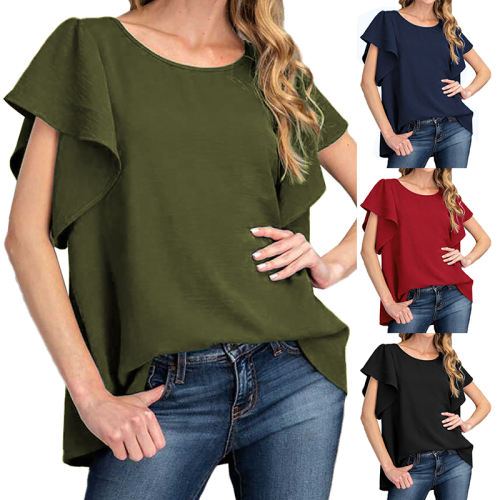 Green Solid Coloe Women Summer Tops Ruffle Short Sleeve T-shirts PQ1138D