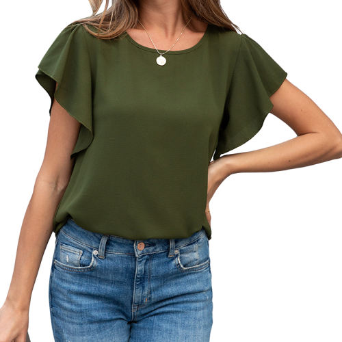 Green Solid Coloe Women Summer Tops Ruffle Short Sleeve T-shirts PQ1138D
