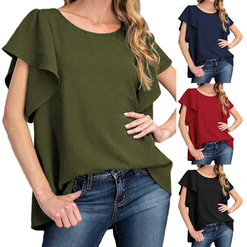 Black Solid Coloe Women Summer Tops Ruffle Short Sleeve T-shirts PQ1138B