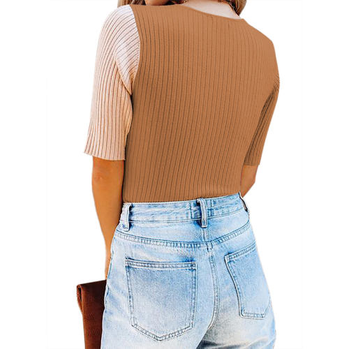 Color Contrast Women Slim Tops Short Sleeve Summer Fashion T-shirts PQ1152B