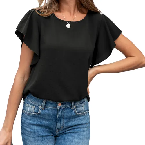 Black Solid Coloe Women Summer Tops Ruffle Short Sleeve T-shirts PQ1138B