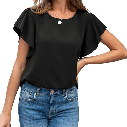 Black Solid Coloe Women Summer Tops Ruffle Short Sleeve T-shirts PQ1138B