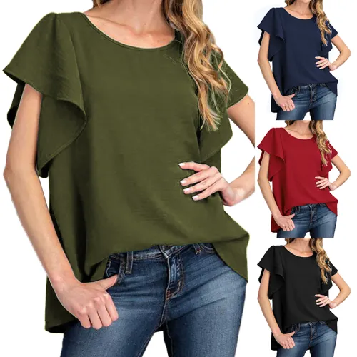 Red Solid Coloe Women Summer Tops Ruffle Short Sleeve T-shirts PQ1138C
