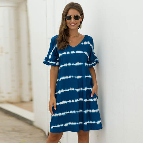 Wavy Striped Tie-dye Casual Dresses Loose Short Sleeve Summer Dress PQWQ314A