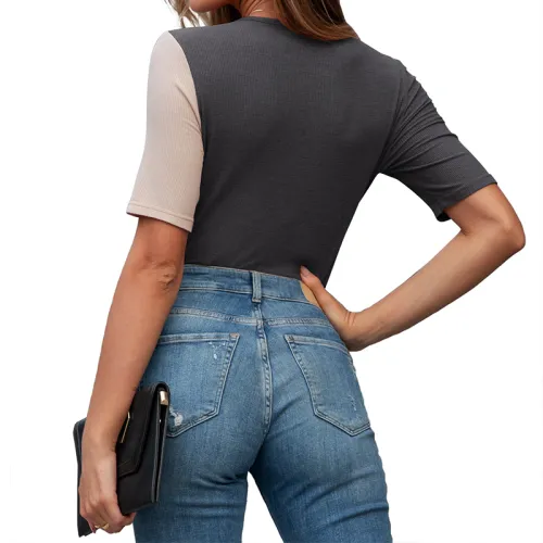 Short Sleeve Summer Fashion T-shirts Color Contrast Women Slim Tops PQ1152A