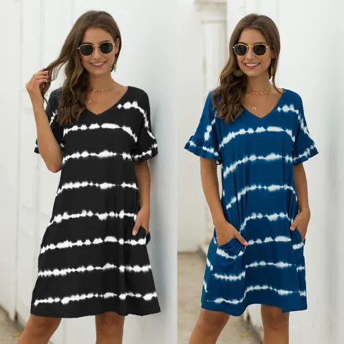 Wavy Striped Tie-dye Casual Dresses Loose Short Sleeve Summer Dress PQWQ314A