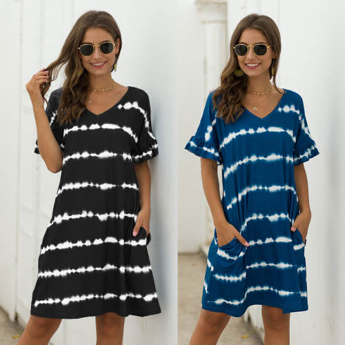 Wavy Striped Tie-dye Casual Dresses Loose Short Sleeve Summer Dress PQWQ314A