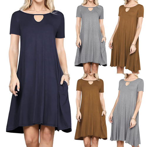 Women Solid Color Short Sleeve Summer Dresses Loose Casual Dress PQ1161C