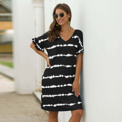 Loose Short Sleeve Summer Dress Wavy Striped Tie-dye Casual Dresses PQWQ314B