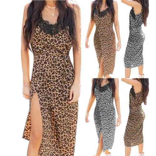 Sexy Leopard Print Midi Dresses Women High Slipt Night Club Wear PQ1149A
