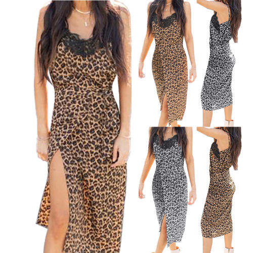 Sexy Leopard Print Midi Dresses Women High Slipt Night Club Wear PQ1149A