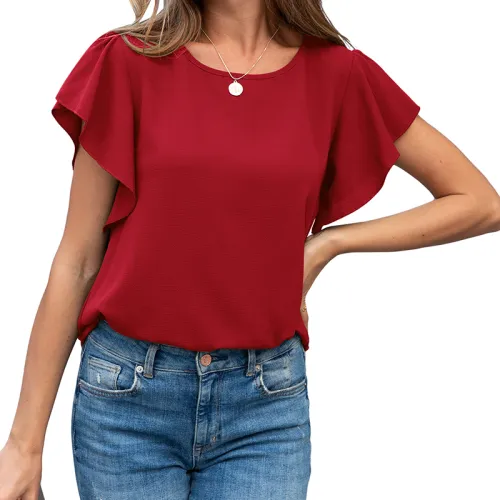Red Solid Coloe Women Summer Tops Ruffle Short Sleeve T-shirts PQ1138C