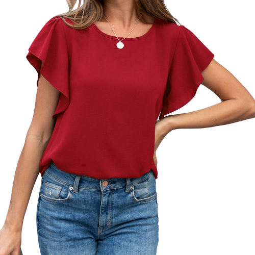 Red Solid Coloe Women Summer Tops Ruffle Short Sleeve T-shirts PQ1138C