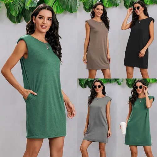 Sleeveless Solid Color Casual Dresses Round Neck Summer Dress For Women PQ1001C