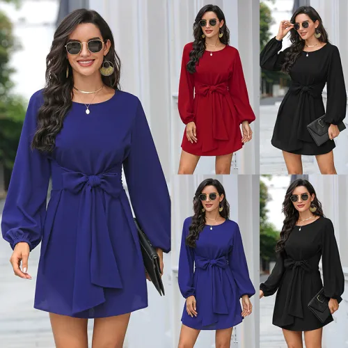 Long Sleeve Ladies Spring Casual Dress Solid Color Ruffle Fashion Dress PQXR638A