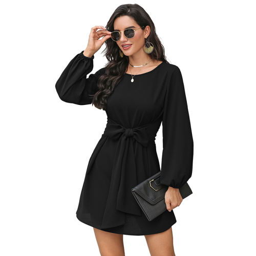 Long Sleeve Ladies Spring Casual Dress Solid Color Ruffle Fashion Dress PQXR638A