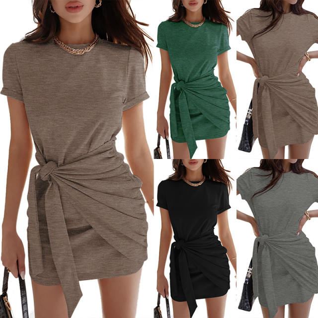 Knotted Short Sleeve Mini Dress For Women Summer Casual Dresses PQWQ1105A