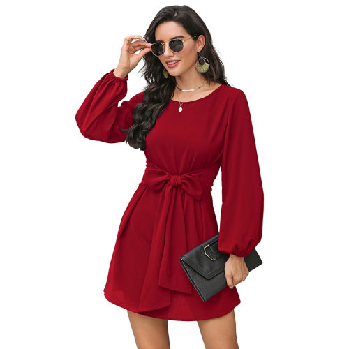 Ladies Spring Casual Dress Long Sleeve Solid Color Ruffle Fashion Dress PQXR638B