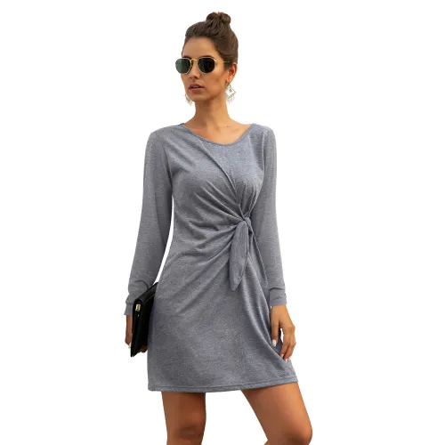 Solid Color Street Dress For Female Knotted Casual Dresses PQXR634D