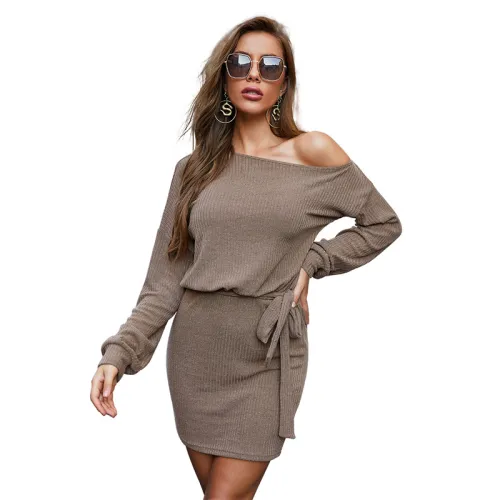 Off-Shoulder Fashion Dresses Long Sleeve Fall Casual Dress For Women PQXR747B