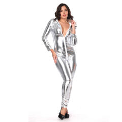 Wetlook PVC Jumpsuit for Women Plus Size Zipper Faux Leather Catsuit PQLK1021C