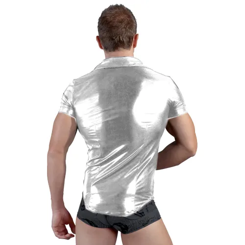 Faux Leather Steampunk Tops Men Wetlook PU Night Club Shirts PQN931B