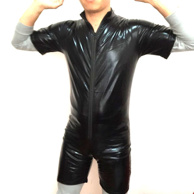 Men Zipper Faux Leather Night Club Wear Steampunk PU Fetish Bodysuits PQN924B