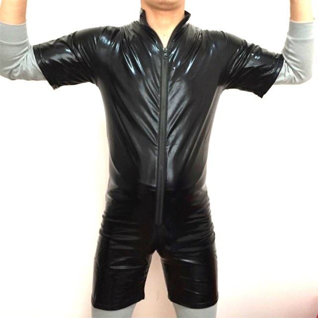 Steampunk PU Fetish Bodysuits Men Zipper Faux Leather Night Club Wear PQN924A