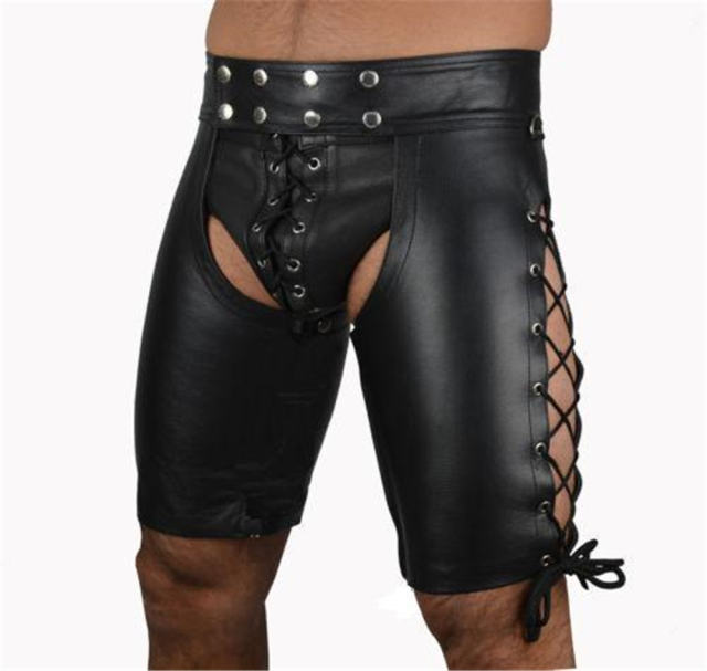 Faux Leather Steampunk Fetish Pants Men Open Crotch PU Night Club ShortsPQN923