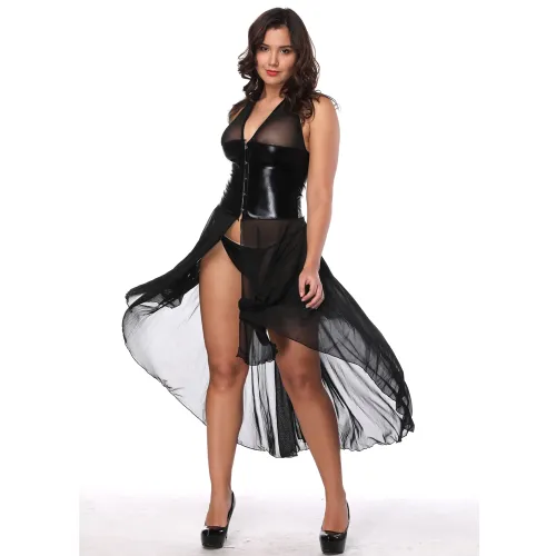 Women Faux Leather Night Club Wear Sexy Sheer Mesh Dress PQLK1079
