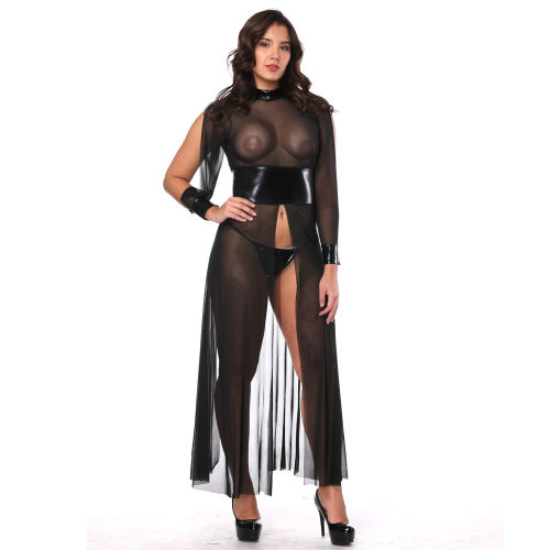 Sexy Sheer Mesh Mini Dress Women Faux Leather Night Club Wear PQLK1073