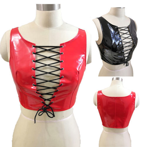 Women Faux Leather Club Vest Wetlook PVC Steampunk Crop Tops PQLK1115B