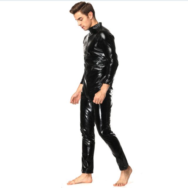 Faux Leather Jumpsuit For Men Steampunk Zentai PU Club Wear PQLKN917