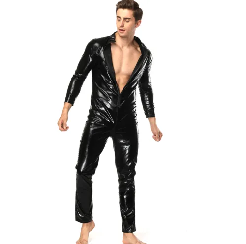 Faux Leather Jumpsuit For Men Steampunk Zentai PU Club Wear PQLKN917