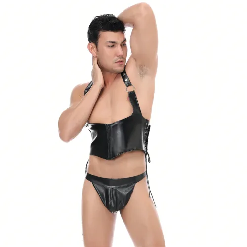 PU Fetish Vest For Men Steam Punk Faux Leather Club Tops witth Panties PQLKN982