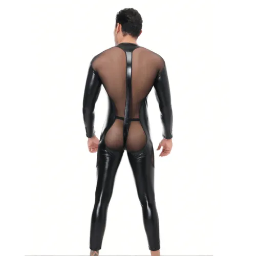 Faux Leather Jumpsuit Men Steampunk Mesh Zentai PU Club Catsuit PQLKN972