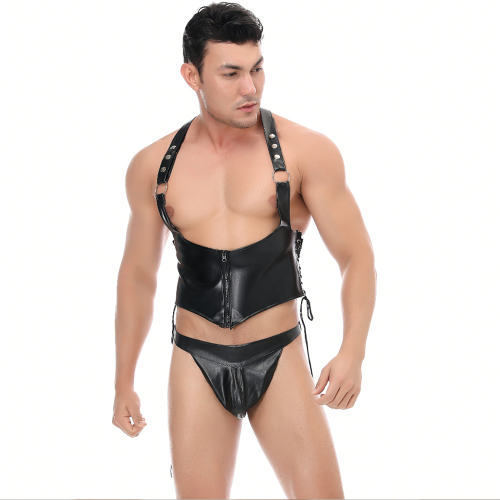 PU Fetish Vest For Men Steam Punk Faux Leather Club Tops witth Panties PQLKN982