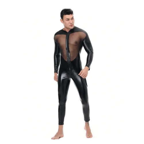 Faux Leather Jumpsuit Men Steampunk Mesh Zentai PU Club Catsuit PQLKN972