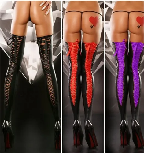 Faux Leather Lace-up Stockings Steampunk Legwear  PU Club Wear PQLK1096