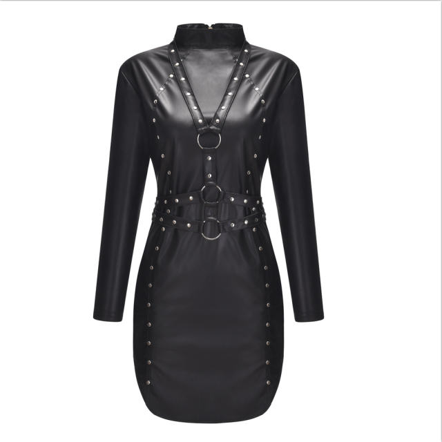 Fetish Matt PU Club Mini Dress For Women Steampunk Clubwear PQLK1114