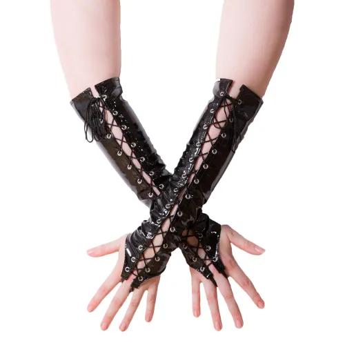 Steampunk PVC Night Club Wear Wetlook Fetish Lace-up Gloves PQLK1103B