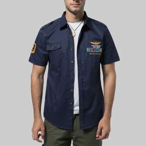 Dark Blue Summer Casual Shirts Short Sleeve Men Fashion Tops PQ18006C
