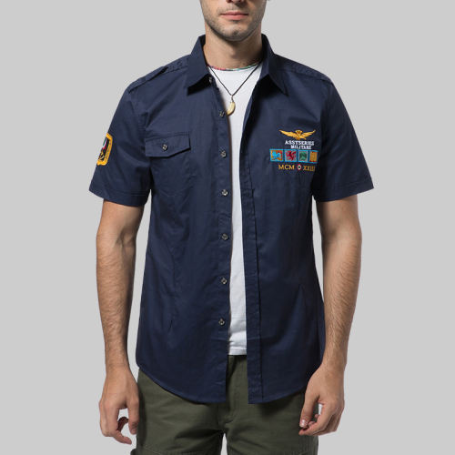 Dark Blue Summer Casual Shirts Short Sleeve Men Fashion Tops PQ18006C